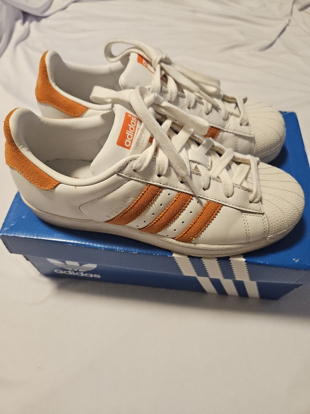Adidas Superstar White Leather Suede Orange Shell Toe Sneakers